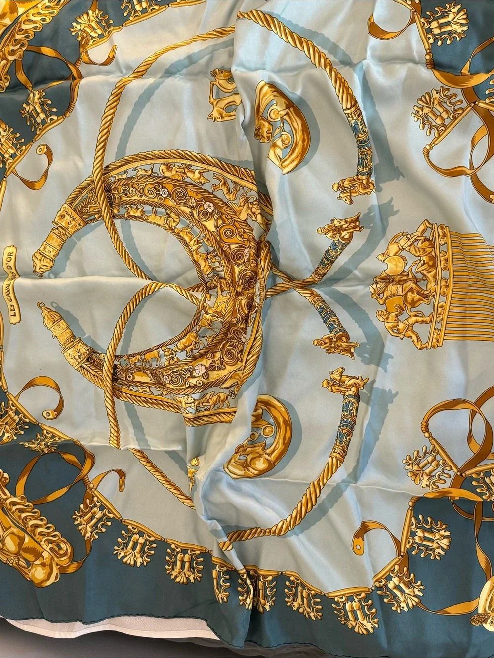 Authentic Hermès Les Cavaliers D'Or Silk Scarf 90 Teal Gold Vintage